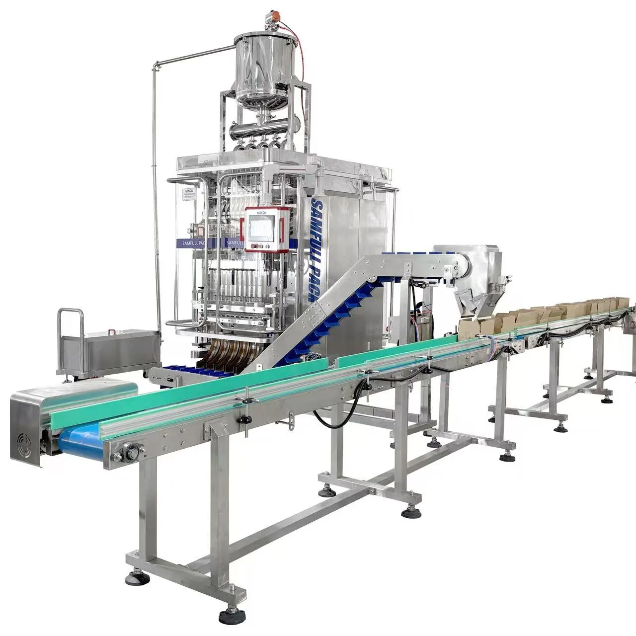 Vista frontal de la máquina envasadora de líquidos de varios carriles con barra de miel de 10 carriles