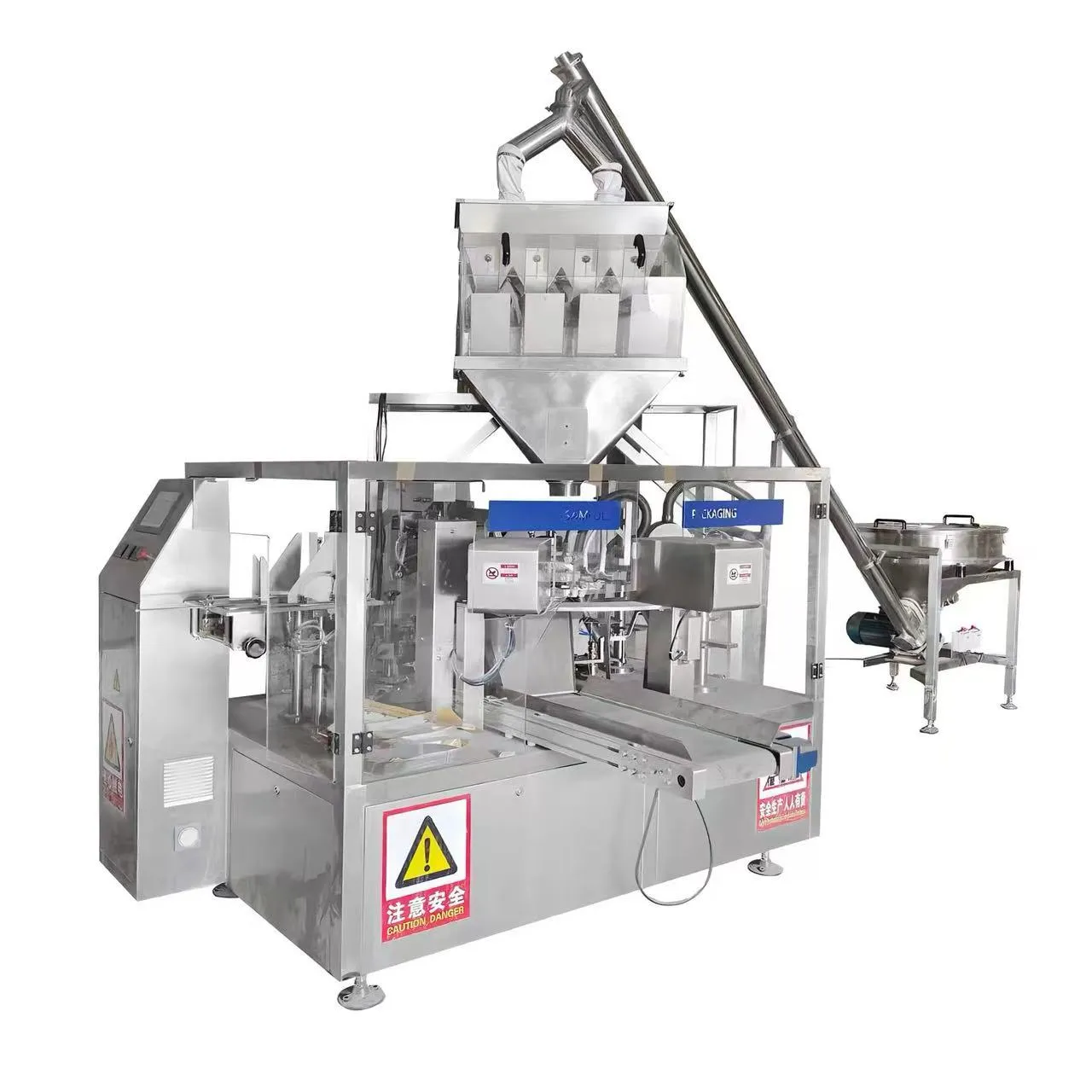 Detalle de alimentación y sellado de gránulos para envasado en bolsas.