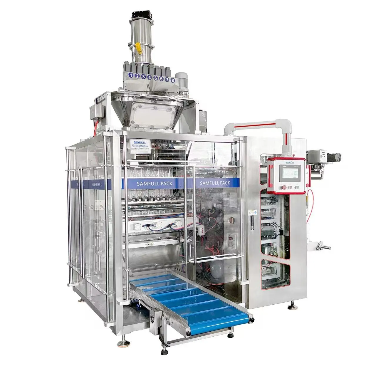 Paquetes en barra y sobres de polvo terminados producidos por una empacadora de varios carriles