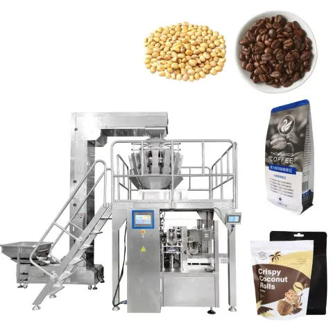 Máquina empacadora de bolsas prefabricadas Doypack, sistema rotatorio de empaque de gránulos, para granos de café, soja, guisantes y otros productos granulares, solución automática de empaque de bolsas prefabricadas